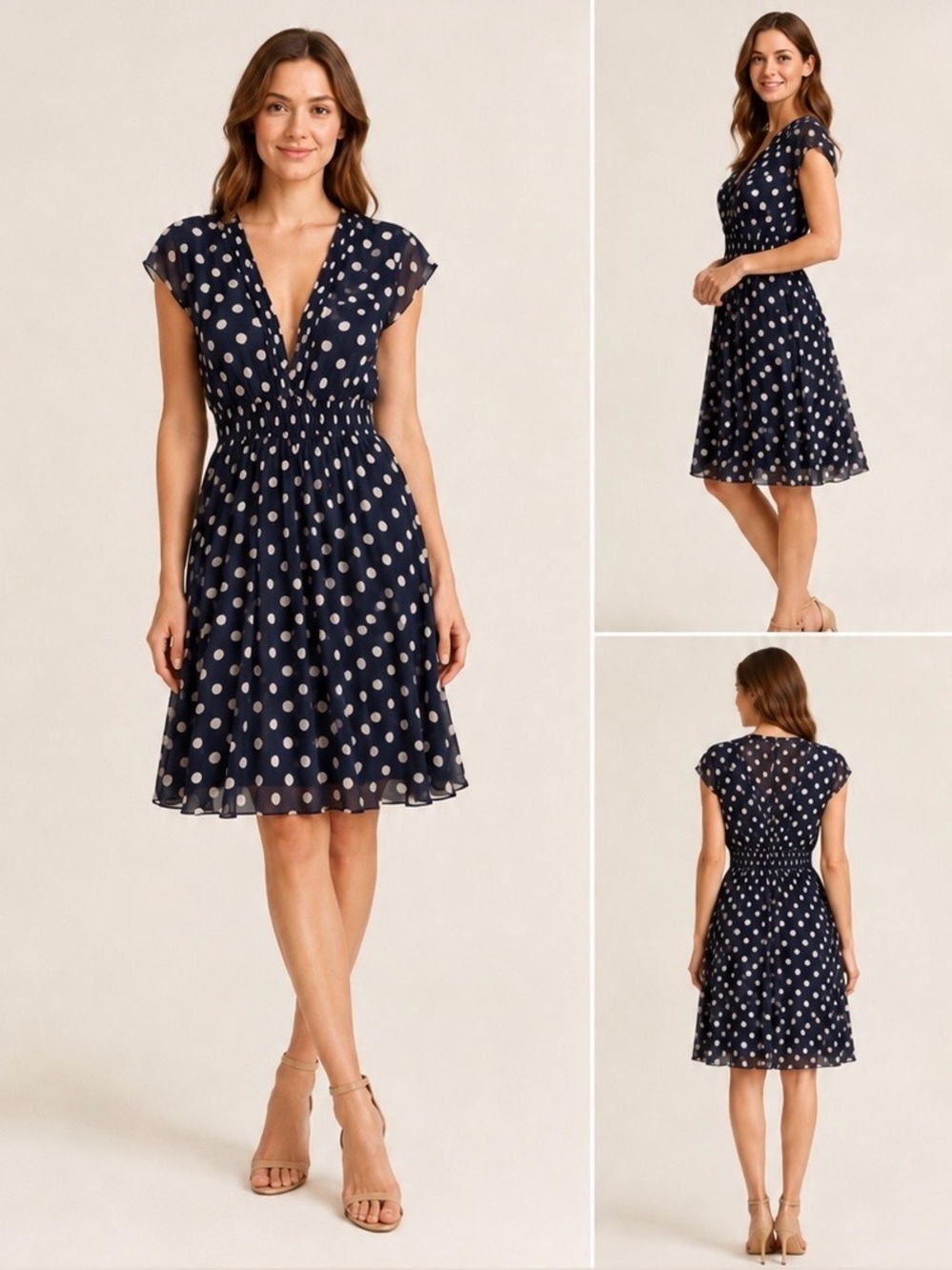 Kate and Lily Navy Polka Dot Dress Size 4 Sheer Chiffon V Neck Fit & Flare